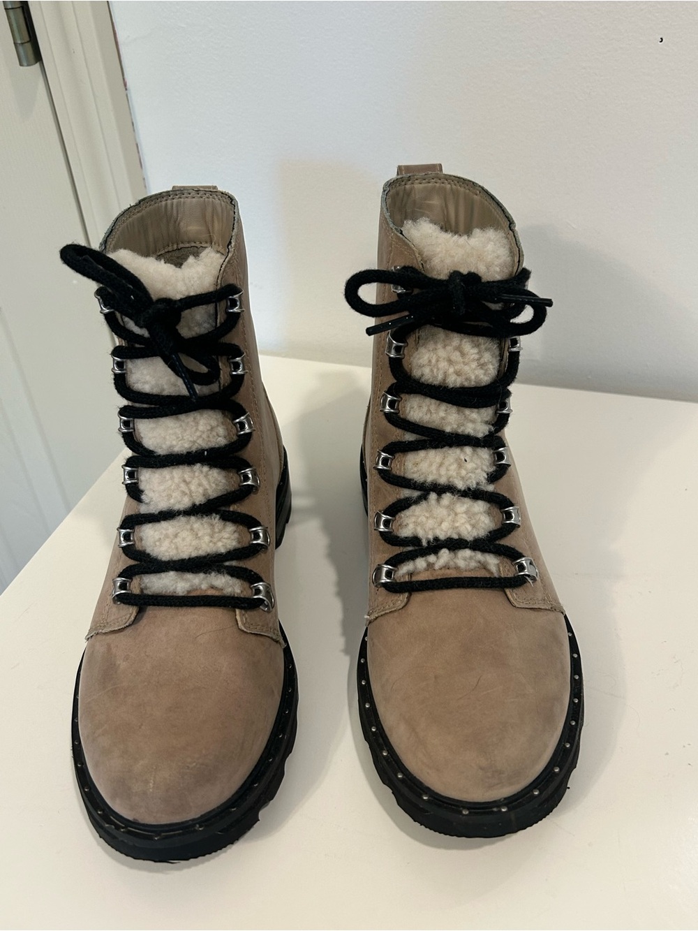 Sorel Taupe Suede Lace-Up Shearling Boots with Black Laces